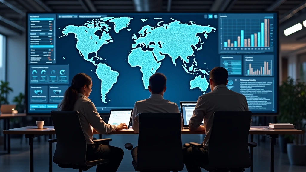 Enterprise software development team collaborating with AI visualization dashboards, digital analytics displays, tech professionals in modern office, no screens showing readable text