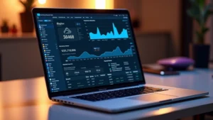 High-end MacBook Pro 16-inch laptop displaying performance benchmarks on bright display, positioned on minimalist desk with professional lighting setup, showing aluminum unibody design and keyboard detail