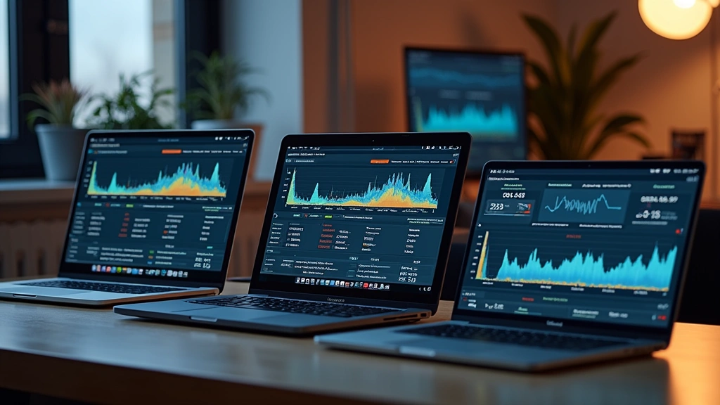 Side-by-side comparison workspace showing MacBook Pro next to Dell XPS and Lenovo ThinkPad laptops, each with performance metrics displayed, professional office environment with studio lighting