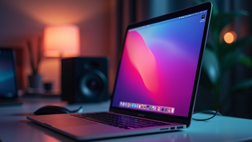 Close-up of MacBook Pro Liquid Retina XDR display showing vivid color gradients and high brightness output, with precision color calibration tools visible in background, professional creative workspace setup