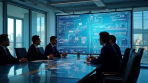 Modern glass conference room with multiple professional executives in business attire reviewing digital acquisition documents on large interactive display screens showing financial charts and merger data