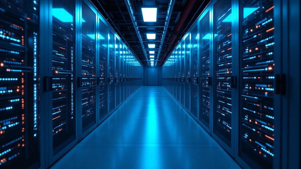 High-tech data center interior with rows of advanced server infrastructure, blue LED lighting, and fiber optic cables, representing cloud computing and AI infrastructure acquisition