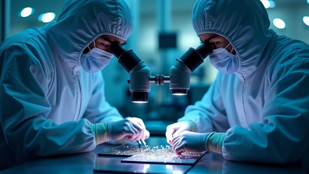 Contemporary semiconductor manufacturing facility clean room with engineers in protective suits examining advanced microchip components under precision lighting and magnification equipment