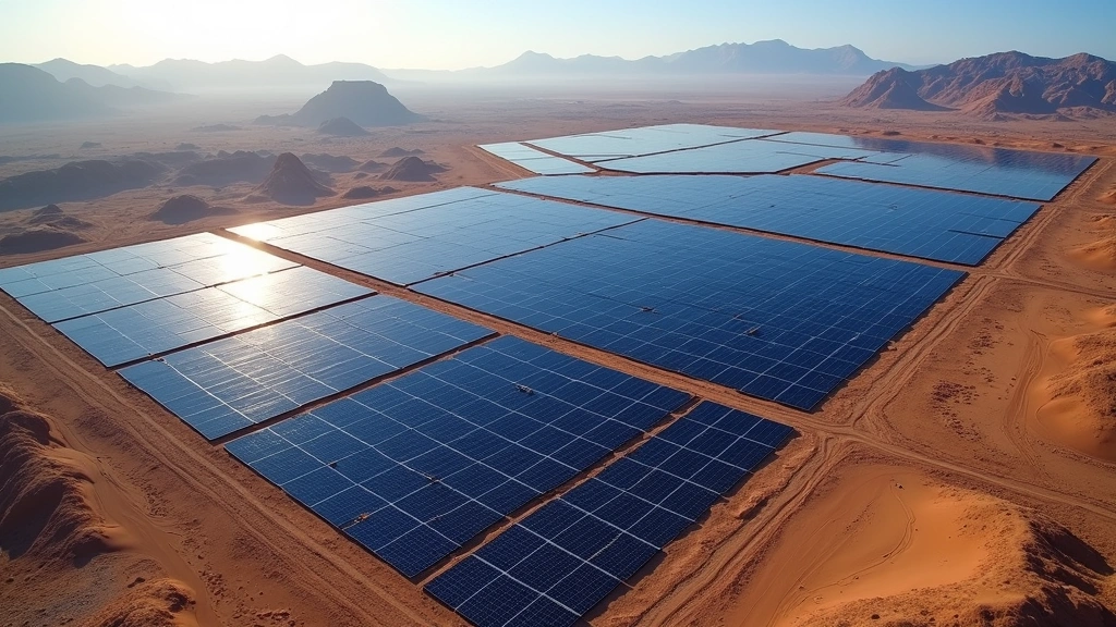 Aerial photograph of massive solar farm with thousands of blue photovoltaic panels arranged in geometric patterns under bright sunlight, desert landscape background, high-resolution satellite imagery style