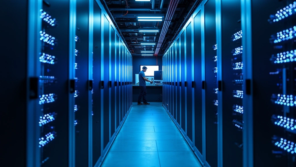 Modern data center interior with rows of server racks emitting blue LED lights, cooling systems visible, technician in background monitoring equipment, professional industrial photography