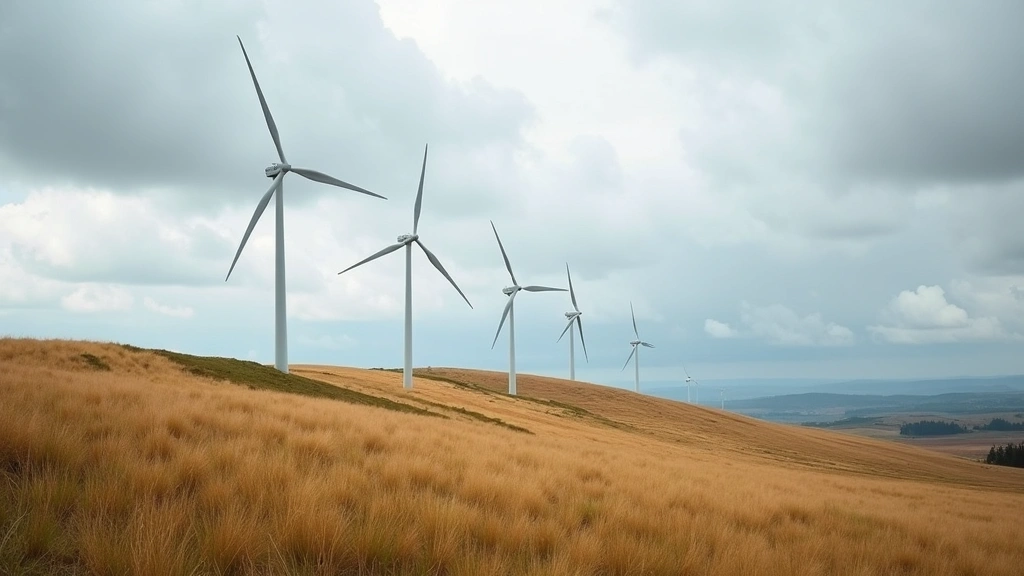 Wind turbine farm on hillside landscape with white turbines against cloudy sky, golden grass field, renewable energy infrastructure, dramatic environmental photography