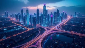 Aerial view of futuristic smart city with interconnected digital networks, glowing data nodes, and intelligent infrastructure systems at dusk with vibrant blue and purple lighting
