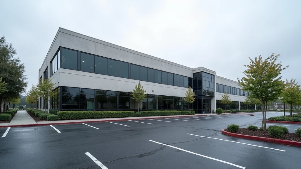 Silicon Valley office building exterior with empty parking lot, overcast sky, architectural photography style, no people visible, realistic lighting