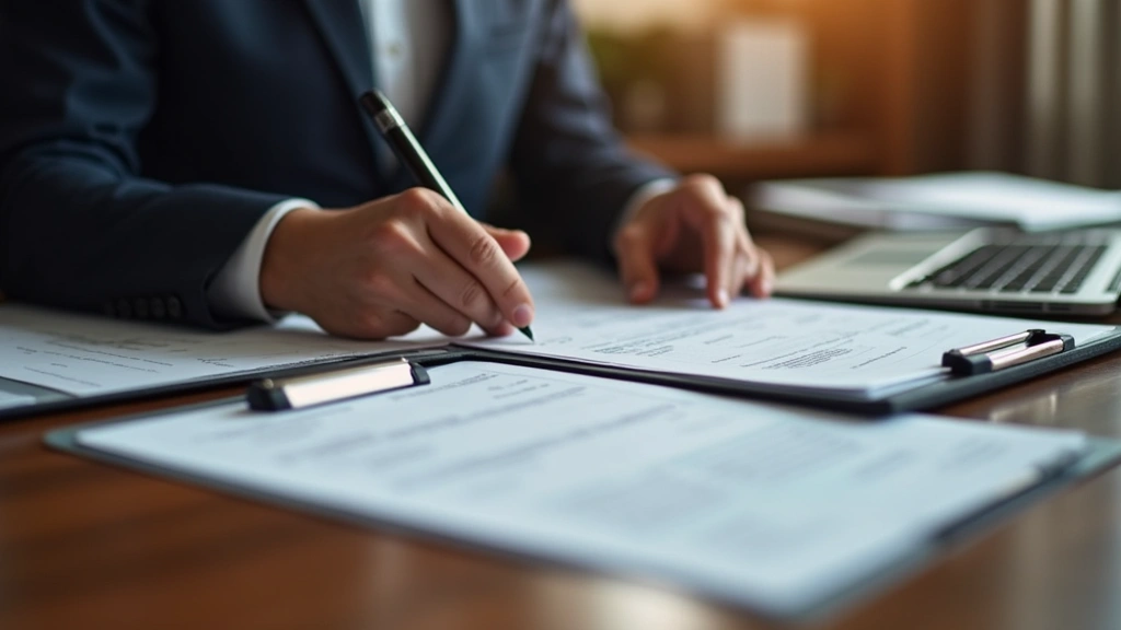 Immigration attorney reviewing case files at desk with computer, legal documents visible, professional office setting, warm neutral tones, no faces clearly shown