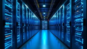Sleek modern data center with blue-lit server racks and fiber optic cables, professional photography, high-tech infrastructure environment, cool lighting