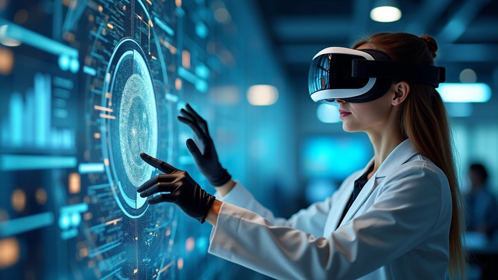 Professional wearing advanced VR headset with haptic gloves in modern tech laboratory environment, hands interacting with holographic 3D data visualizations, futuristic workspace setting