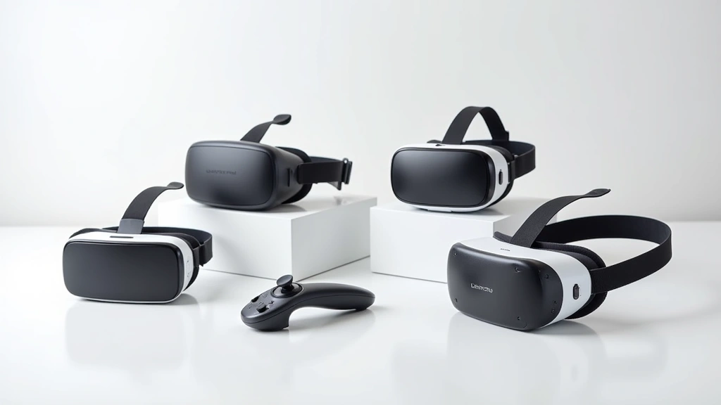 Multiple cutting-edge AR/VR devices displayed on minimalist white surface including premium headsets and controllers, showcasing technological advancement and sleek industrial design