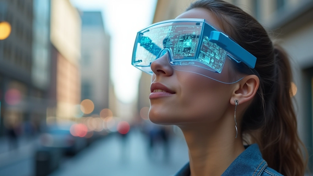 Person wearing transparent AR glasses outdoors in urban environment, digital information overlays visible in real-world scene, natural lighting showing mixed reality interface integration