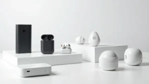 Professional product photography of various tech gadgets including power banks, wireless earbuds, smart home sensors, and portable chargers arranged on a clean white surface with soft studio lighting, showing sleek modern design