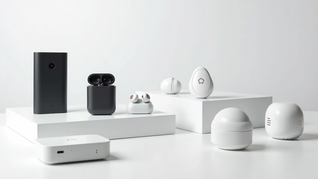 Professional product photography of various tech gadgets including power banks, wireless earbuds, smart home sensors, and portable chargers arranged on a clean white surface with soft studio lighting, showing sleek modern design