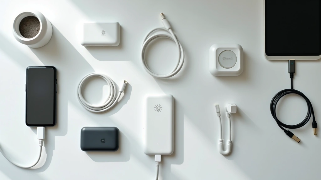 Flat lay arrangement of multiple Big Tree Tech products including charging cables, connectors, battery packs, and wireless devices displayed on a minimalist desk setup with natural daylight illumination