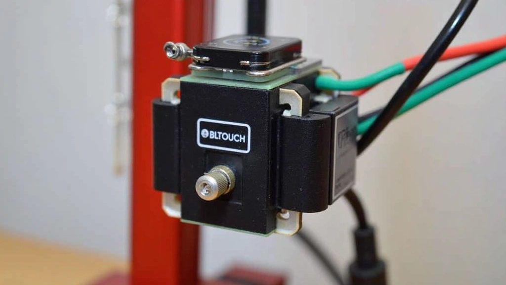 Antclabs BLTouch sensor mounted on 3D printer hotend carriage showing servo connector and probe pin extension mechanism in deployed position