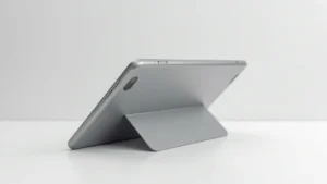 Sleek aluminum tablet with matte finish displayed at 45-degree angle on minimalist white surface, showing chamfered edges and premium construction details