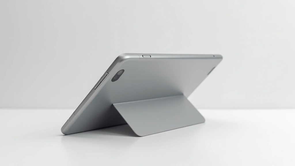 Sleek aluminum tablet with matte finish displayed at 45-degree angle on minimalist white surface, showing chamfered edges and premium construction details