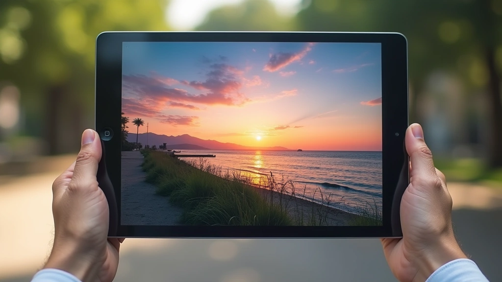 High-resolution tablet screen displaying vibrant landscape with smooth gradients, demonstrating color accuracy and brightness with outdoor visibility