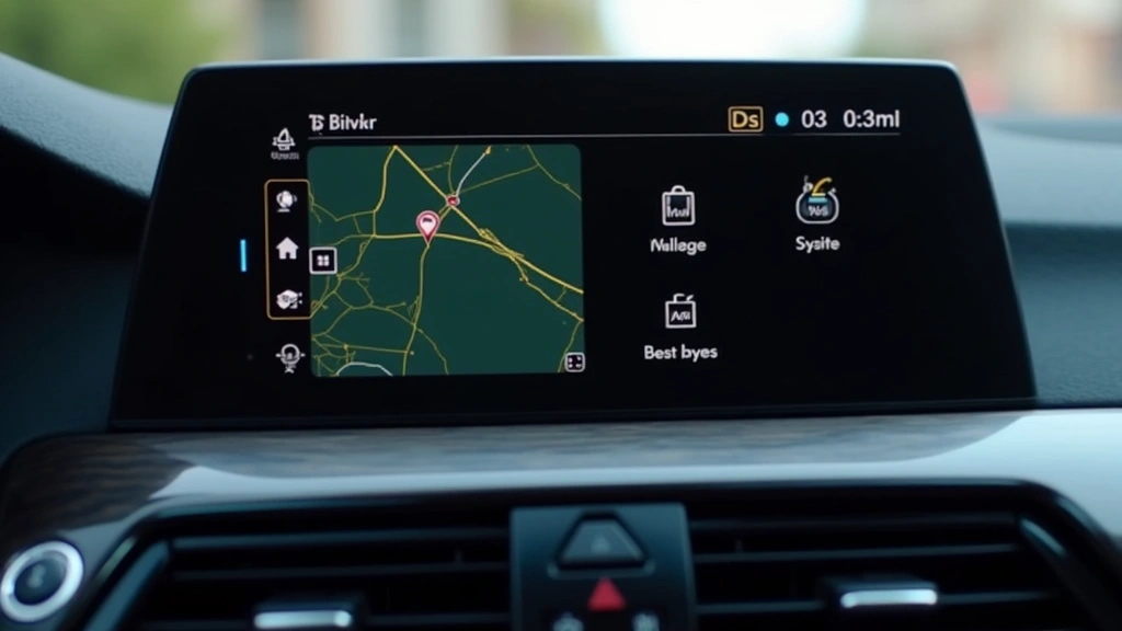 Close-up of BMW iDrive touchscreen display showing sleek interface with minimalist design, modern digital dashboard visible, professional automotive interior photography