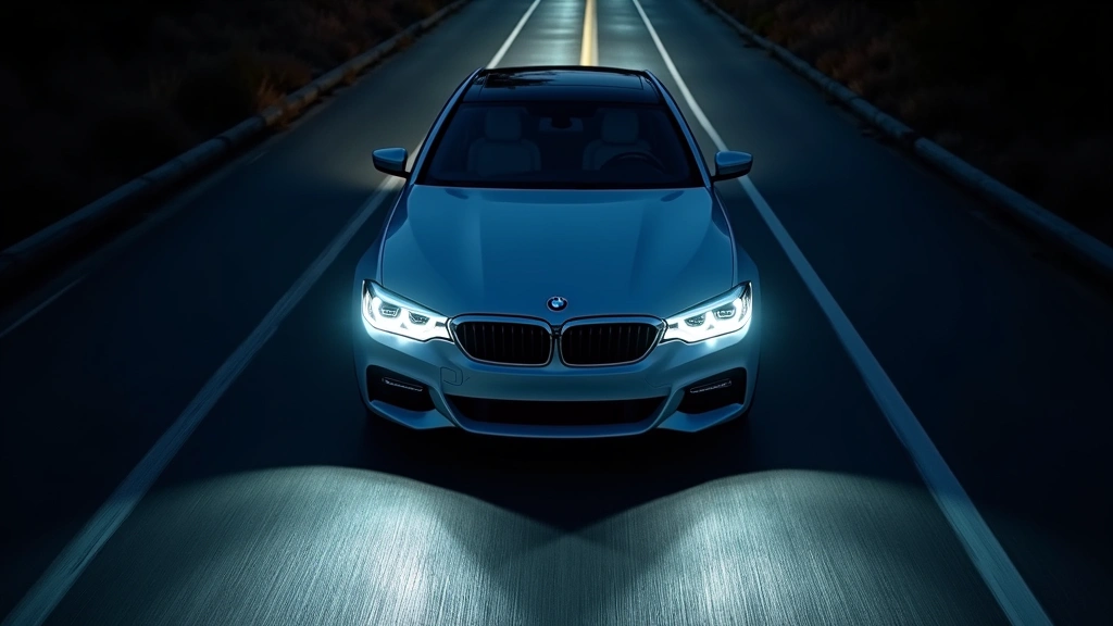 Overhead view of BMW adaptive LED headlight system illuminated at night on dark road, showing advanced beam pattern distribution and cutting-edge lighting technology