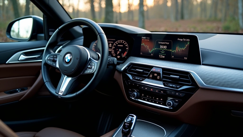 BMW interior dashboard with premium leather steering wheel, integrated controls, and advanced digital instrument cluster showing real-time vehicle telemetry and connectivity status