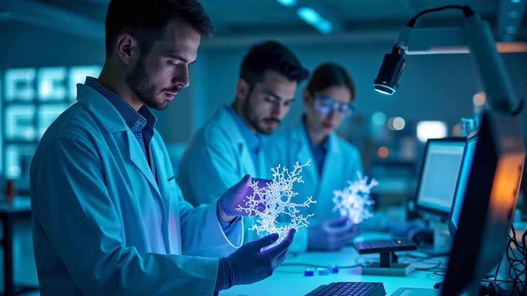 Laboratory scientist examining glowing protein structure models in high-tech research facility with blue-lit workstations, photorealistic biotechnology environment