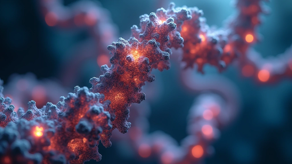 Microscopic view of engineered protein molecules with crystalline structures glowing in laboratory conditions, detailed molecular visualization with scientific aesthetic