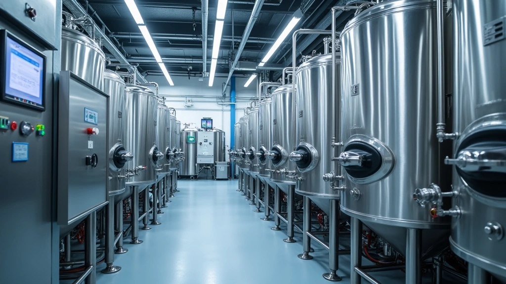 Advanced bioreactor fermentation tanks in modern industrial biotechnology facility with monitoring systems, stainless steel equipment and digital control panels