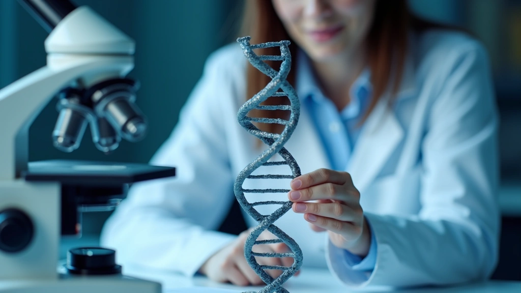 Scientist in white coat examining DNA double helix model under laboratory lighting, professional lab environment with microscope and equipment visible in soft focus background