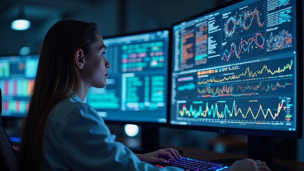 Bioinformatician working at multi-monitor computer workstation displaying genomic data visualizations, colorful genetic sequence patterns and molecular structures on screens