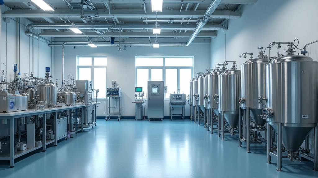 Pharmaceutical manufacturing facility showing biotech production equipment, stainless steel bioreactors and clean room environment with sterile processing systems