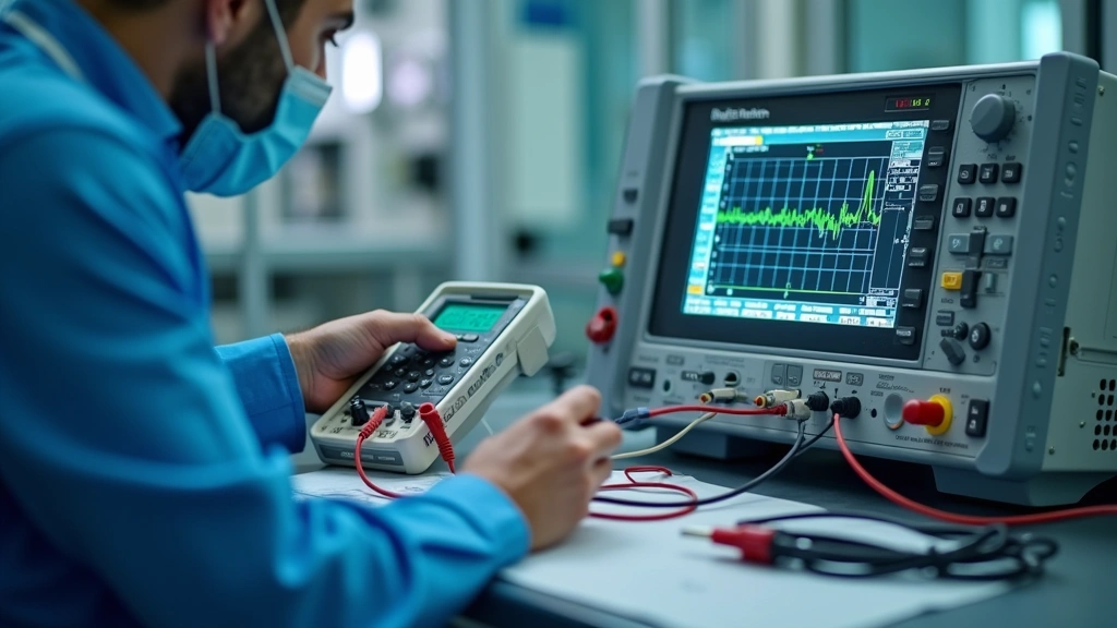 Close-up of biomedical technician using digital multimeter and oscilloscope to diagnose medical device electrical systems in hospital maintenance laboratory