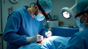 Surgeon wearing surgical headlamp performing minimally invasive procedure with robotic surgical instruments on patient under bright operating room lights, realistic medical environment
