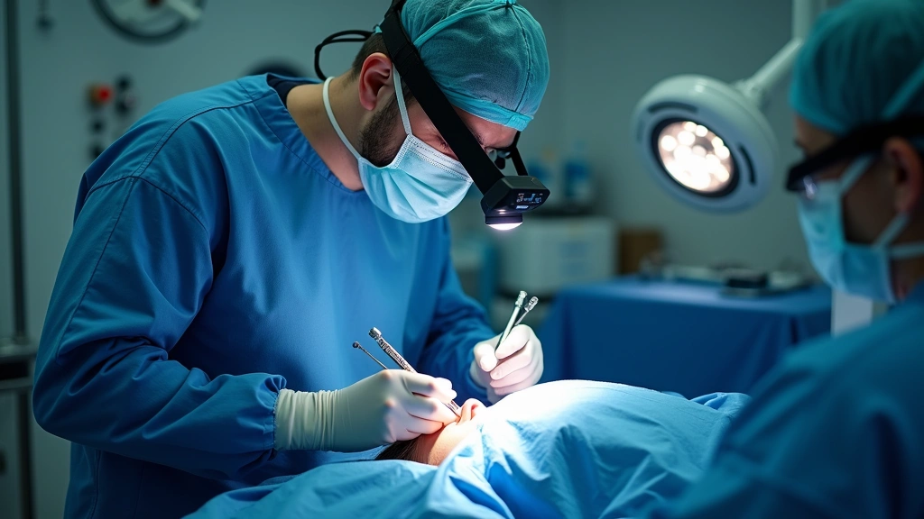 Surgeon wearing surgical headlamp performing minimally invasive procedure with robotic surgical instruments on patient under bright operating room lights, realistic medical environment