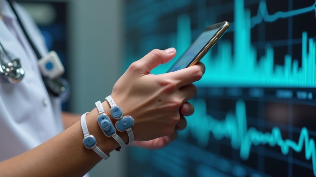 Patient wearing multiple wearable biosensors on wrist and chest, displaying health metrics on connected smartphone, modern remote health monitoring scenario