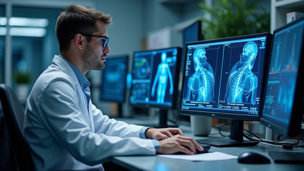 Professional biomedical engineer working at computer workstation with multiple monitors displaying medical device schematics and diagnostic data in modern laboratory setting