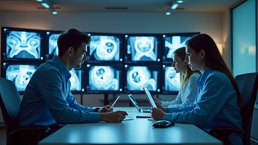 Team of healthcare technology professionals collaborating in contemporary office environment with medical imaging displays and software development tools visible in background
