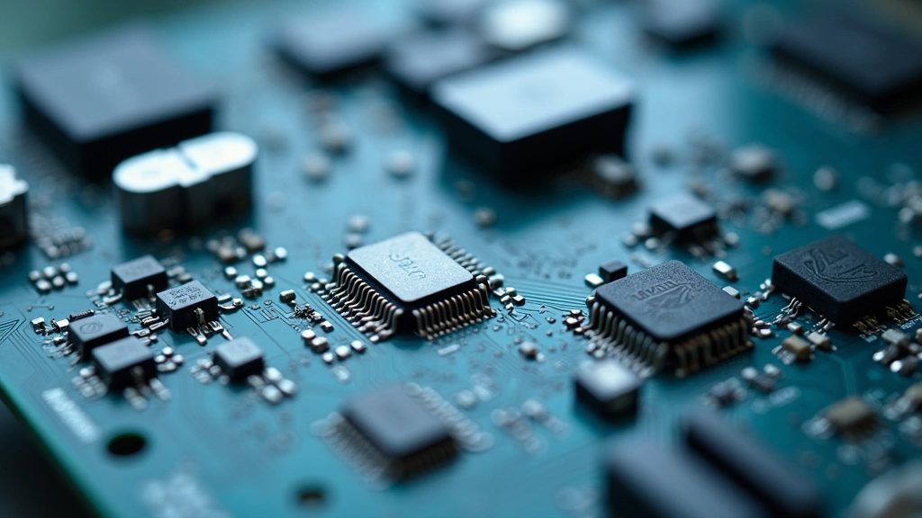 Close-up of advanced medical device hardware components and circuit boards being assembled or tested in sterile biomedical manufacturing facility