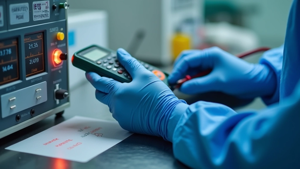 Close-up of biomedical technician hands using digital multimeter on medical equipment in hospital laboratory, professional clinical setting, focused technical work