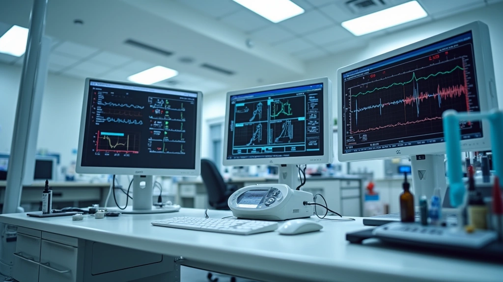 Modern biomedical engineering workspace with advanced diagnostic equipment, monitors displaying vital signs, and technical instruments on workbench, healthcare facility