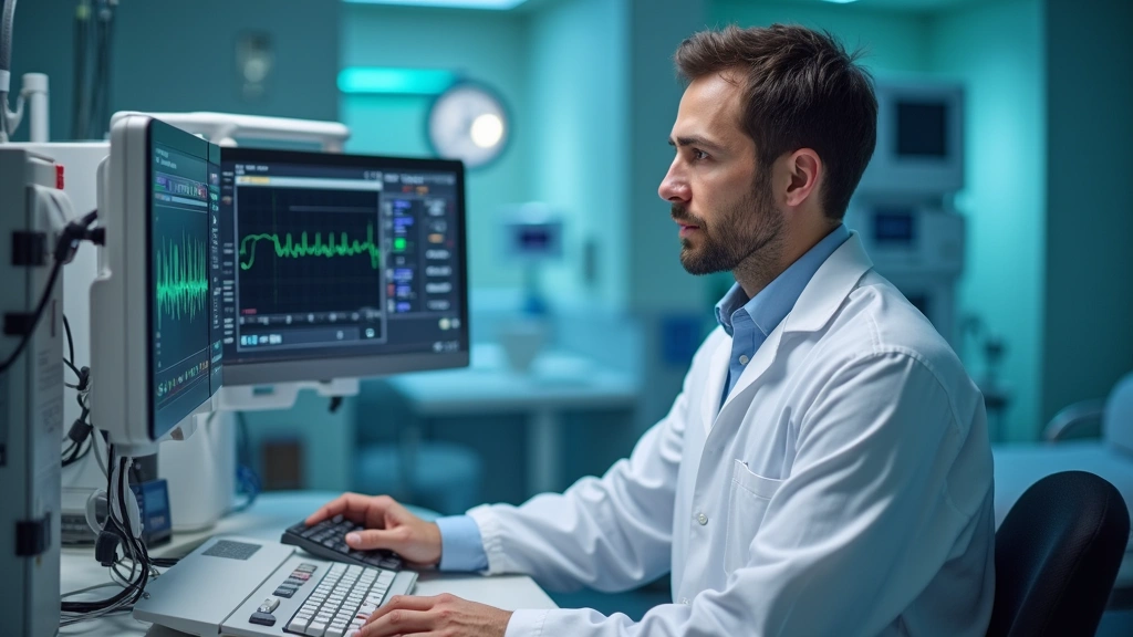 Senior biomedical engineer in clinical setting reviewing patient monitoring systems and cardiac equipment, professional healthcare technology environment