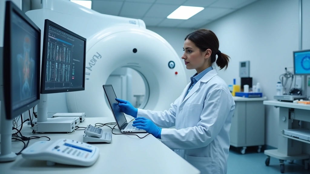 Professional biomedical technician in white coat working on advanced medical imaging equipment in modern hospital laboratory setting with monitors and diagnostic devices