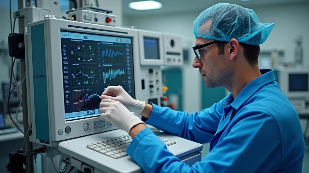 Skilled technician performing precision maintenance on sophisticated cardiology monitoring system with electronic components and calibration instruments visible