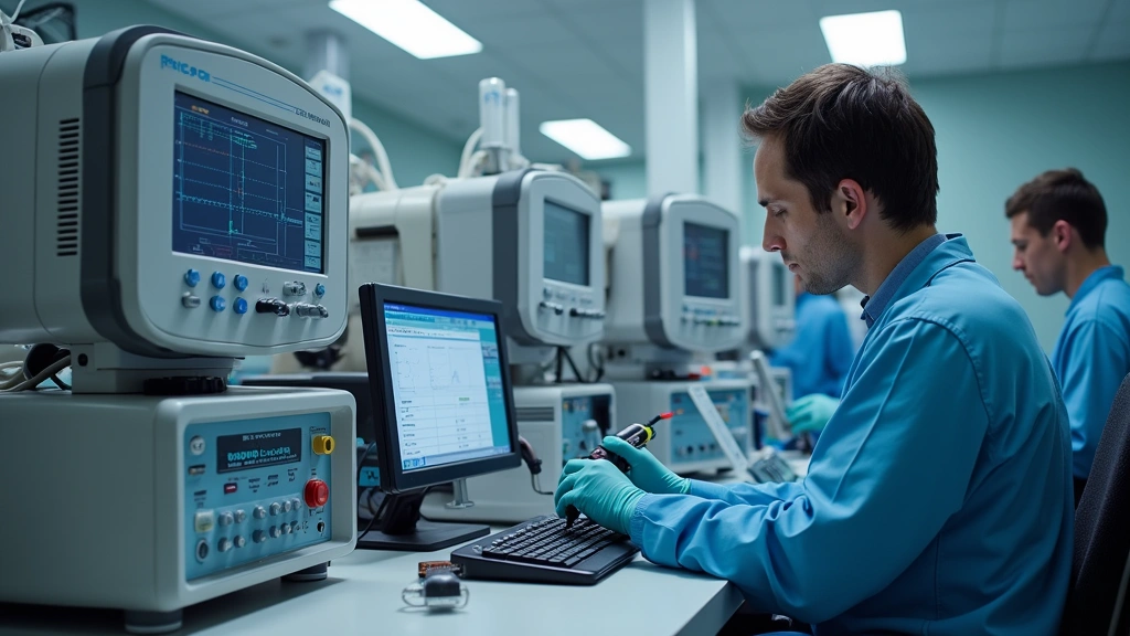 Clinical engineering workspace showing multiple medical devices being serviced simultaneously with technician using diagnostic tools and testing equipment
