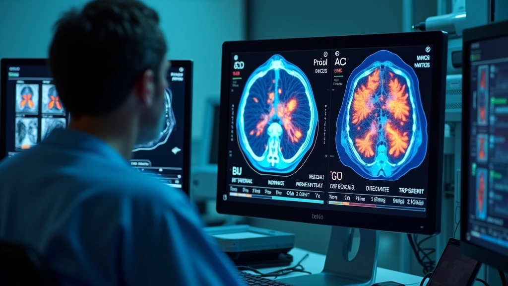 Advanced medical imaging AI interface showing colorized CT scan with highlighted suspicious regions and probability percentages displayed on clinical workstation with surgeon analyzing results