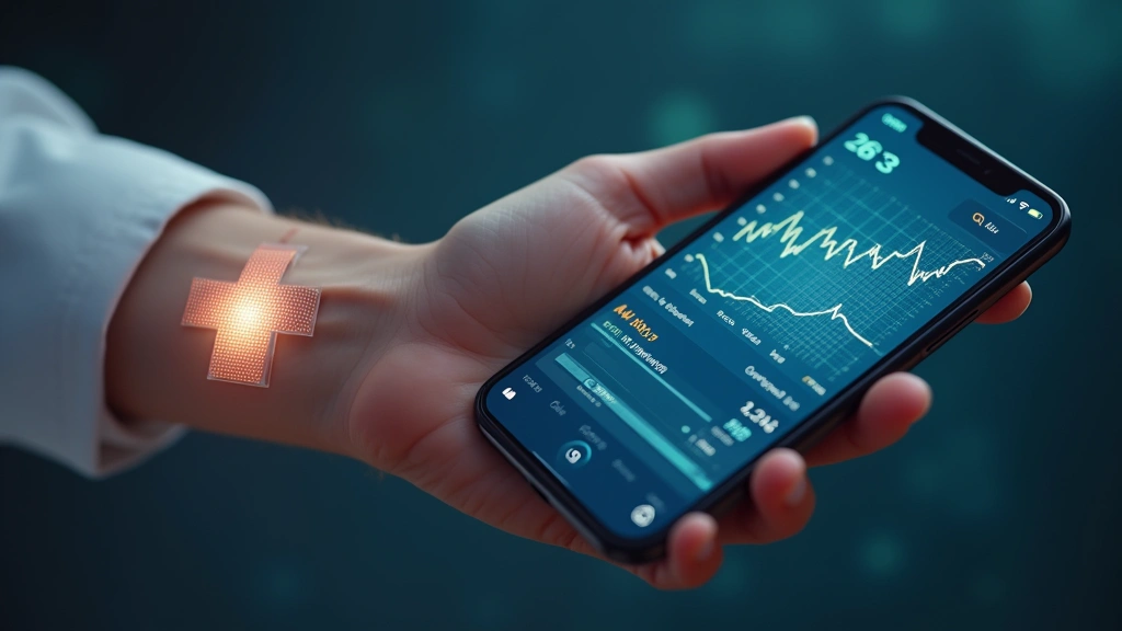 Flexible skin-patch biosensor attached to human arm displaying real-time health metrics on connected smartphone screen, medical-grade accuracy with biometric data visualization