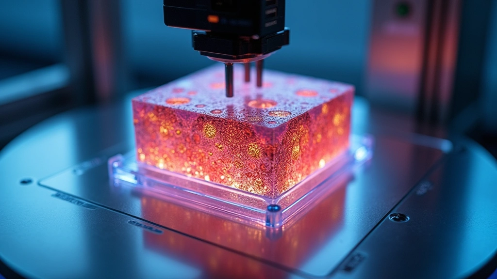 Bioprinter in laboratory creating layered tissue construct with multiple cell types in precise arrangement, complex 3D biological structure with supporting scaffold visible in high detail