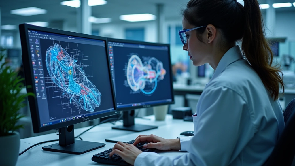 Close-up of biomedical engineer working with advanced laboratory equipment and computer monitors displaying medical device schematics and 3D models in modern research facility